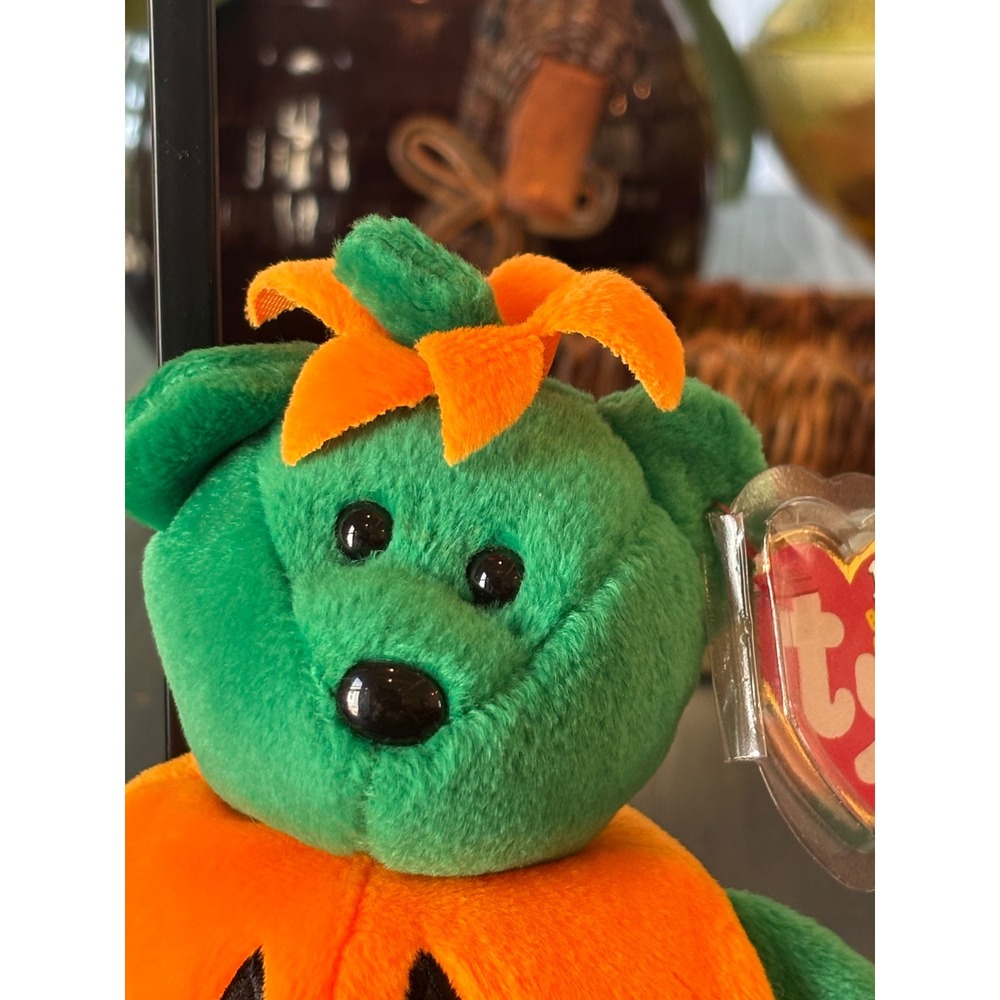 Ty Beanie Babies Tricky the Bear Halloween Pumpkin 10th Anniversary Plush Green - Picture 4 of 11
